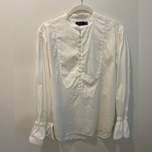Polo Ralph Lauren Victorian White Blouse – Smocked Lace Cuffs, Band Collar (M)